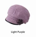Elegant light purple tweed newsboy hat for women with knit floral detail and black leather brim - Adjustable 56-59cm / Light Purple