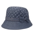 Navy blue sun hat for elderly women with white leaf print and side bow detail - Adjustable 56-59cm / Blue (Striped Bow)