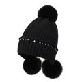 Black ribbed knit winter hat with fluffy rabbit fur pom-poms and crystal rhinestones - One Size (56-60cm) / Black