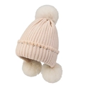 Women's earflap knit hat with faux fur pom-poms and pearl rhinestone decorations - One Size (56-60cm) / Beige