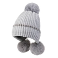Detail of light gray winter knit hat featuring plush fur balls and pearl rhinestone trim - One Size (56-60cm) / Gray