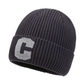 Detailed view of dark blue ribbed knit beanie with grey C letter embroidery - Dark Gray