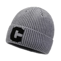 Grey ribbed knit beanie hat with large black C patch embroidery for winter warmth - Gray