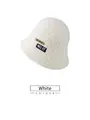 Close-up of white plush bucket hat featuring MORE and NO.17 fabric patch details - One Size 58cm / White