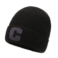 Detailed close-up of a black knit beanie featuring a grey embroidered letter C on the cuff - Black