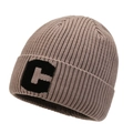 Thick warm knit beanie with a letter C logo in a stylish terracotta ribbed design - Khaki