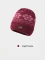 Bonnet d'hiver jacquard pour femme en polaire rouge foncé avec motif fleuri et boucle - Élastique 56-59cm / Violet Clair