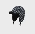Chapeau d'aviateur à carreaux d'hiver avec doublure en peluche et protège-oreilles - Taille Unique 58cm / Noir