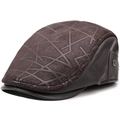 Men's dark brown faux leather ivy cap with geometric patterns and metal button detail - 56-59cm(Adjustable) / Textured Pattern Coffee