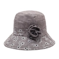 Elegant dark grey sun hat for elderly women with daisy floral brim and fabric flower detail - One Size 58cm / Gray