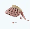 Visière de soleil rose à pois avec bord en paille et nœud décoratif pour femme en été - Ajustable 56-60cm / Rose