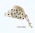 Detail of ivory sun hat with black polka dot fabric brim and woven straw top crown - Adjustable 56-60cm / Milky White