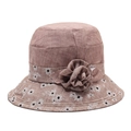 Detail view of cotton-linen elderly sun hat with flower decor and daisy patterns - One Size 58cm / Pink
