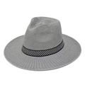 Grey breathable knit fedora hat with wide brim and decorative patterned band for men - One Size 58cm / Gray