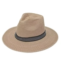 Breathable wide brim straw sun hat in khaki with black and white geometric pattern band - One Size 58cm / Khaki