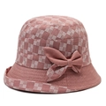 Vintage checkered women's cloche hat in brick red with a stylish fabric bow detail - Pink