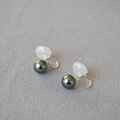 Close-up of deep grey pearl ear clips with silver S-shaped coil and silicone pads - Tahiti Gray 8mm
