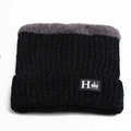 Thick black knitted winter beanie with fleece lining and letter H patch for men - One Size / H-Logo Neck Black