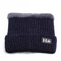 Dark blue winter knit beanie with thick gray fleece lining and H leather patch detail - One Size / H-Logo Neck Blue