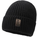 Close-up of the ribbed knit texture and brown leather label on the black winter beanie - One Size / Deer Plush Sport Logo Black