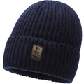 Close-up of deep blue ribbed knit beanie with premium brown faux leather brand patch - One Size / Deer Plush Sport Logo Blue