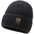 Close-up of black ribbed knit beanie with brown leather EDIKO label and warm lining - One Size / Deer Plush Sport Logo Dark Gray