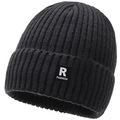 Dikke zwarte gebreide muts met wit R FASHION-label voor winterse buitenwarmte - Donkergrijs (R-label)