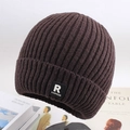 Detailed knit texture of dark brown winter beanie with stylish R FASHION square patch - Coffee (R Label)