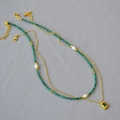French vintage double layer necklace with malachite beads and emerald square pendant - Double Layer