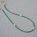 Detail of French vintage malachite beaded necklace with pearls and gold lobster clasp - Malachite Green