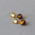 Elegant geometric square mother of pearl and tiger eye stone drop earrings in gold finish - Tiger Eye Style