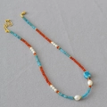 Handmade beaded necklace with red agate, apatite stones, and fresh water pearls for women - Necklace