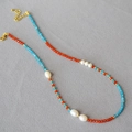 Collar bohemio de cuentas con cornalina naranja, apatita azul y perlas de agua dulce - Collar de la nueva serie china Dunhuang