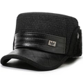 Men's winter flat top cap with ear flaps in black textured fabric and faux leather - Leather Trim Flat Top Small Dot Grid