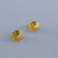 Retro brass gold-plated stud earrings featuring labradorite center and sunburst rays - Gold
