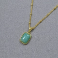 Detail of green rectangular natural stone pendant on 18K gold plated beaded chain necklace - Amazonite