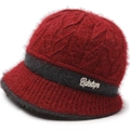 Winter knitted cloche hat for elderly women featuring thick cable knit and rhinestone decor - Elastic One Size / Red
