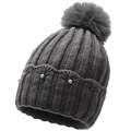 Deep grey cable knit beanie with fluffy pompom and elegant pearl jacquard detailing - One Size / Gray