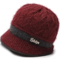 Women's winter knit bucket hat with plush burgundy wool and elegant metal branding - Elastic One Size / Burgundy