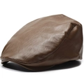 Classic dark brown PU leather newsboy flat cap for men with premium stitched texture - One Size (Stretchy) / Coffee