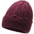 Bonnet tricoté d'hiver pour femme âgée en rouge vin avec motifs crochetés et perles - Taille Unique (56-60cm) / Violet