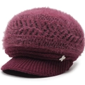 Winter faux rabbit fur knit peak hat in wine red with plush top and butterfly buckle - One Size / Purple