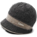Thick vintage knit bucket hat for women with plush lining and Lucky metal patch decor - Elastic One Size / Gray