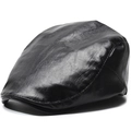 Classic black PU leather beret hat for men and women featuring fine textured finish - One Size (Stretchy) / Black