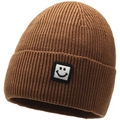Detail shot of caramel brown knitted beanie with minimalist black smiley face patch logo - Elastic 56-60cm / Brown