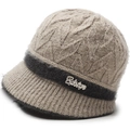 Detail of winter knit bucket hat showing cable texture and rhinestone metal logo - Elastic One Size / Khaki