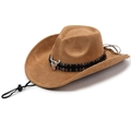 Cappello da cowboy marrone in finta pelle scamosciata con fascia e testa di toro - Stile Etnico con Testa di Toro / Beige scuro