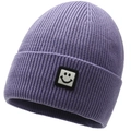 Detail of purple ribbed knit beanie featuring a smiley face patch and soft texture - Elastic 56-60cm / Purple