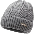 Winter fleece-lined knit hat for women featuring a gray wool blend and pearl leaf accent - Gray