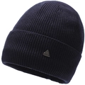 Detail of navy knit beanie showing thick ribbed texture and silver triangle metal badge - Elastic 56-59cm / Blue With Triangle Label